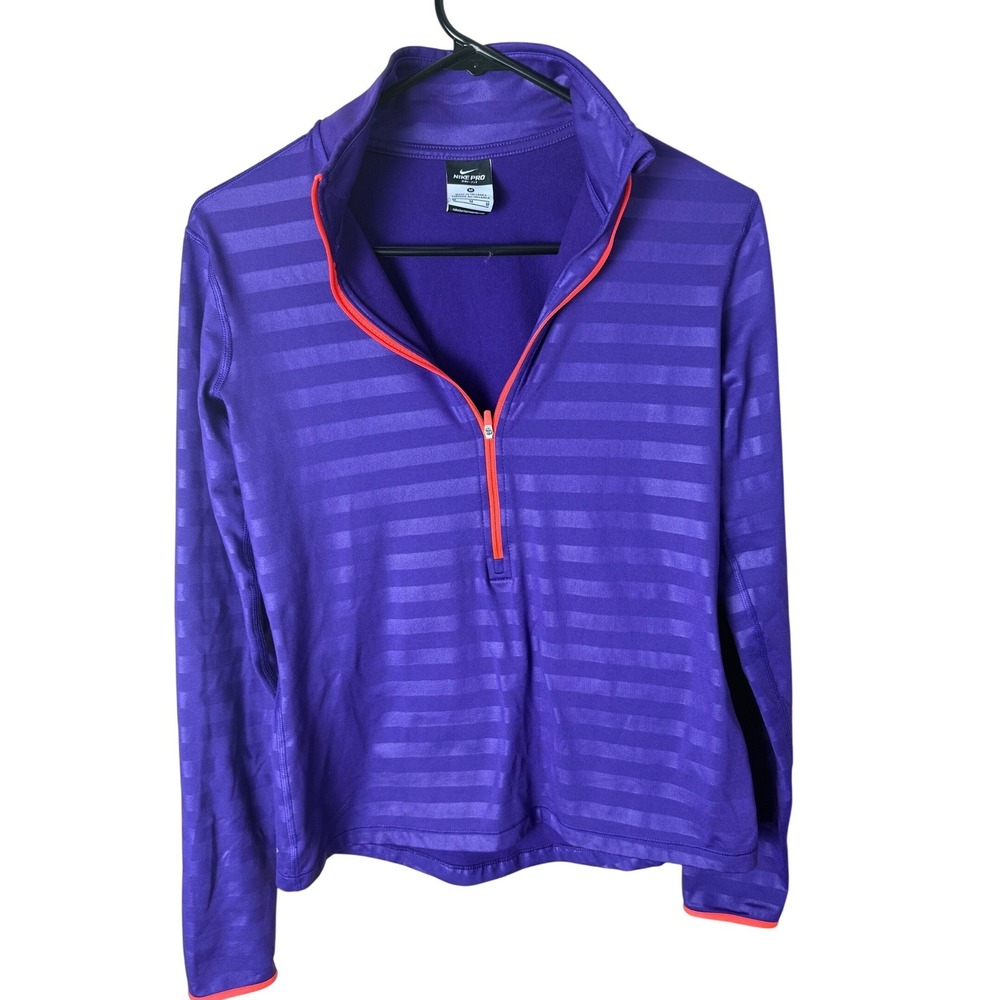 Nike Pro Dri-FIT Womens Half Zip Pullover Purple Striped Thumbhole Top Size M